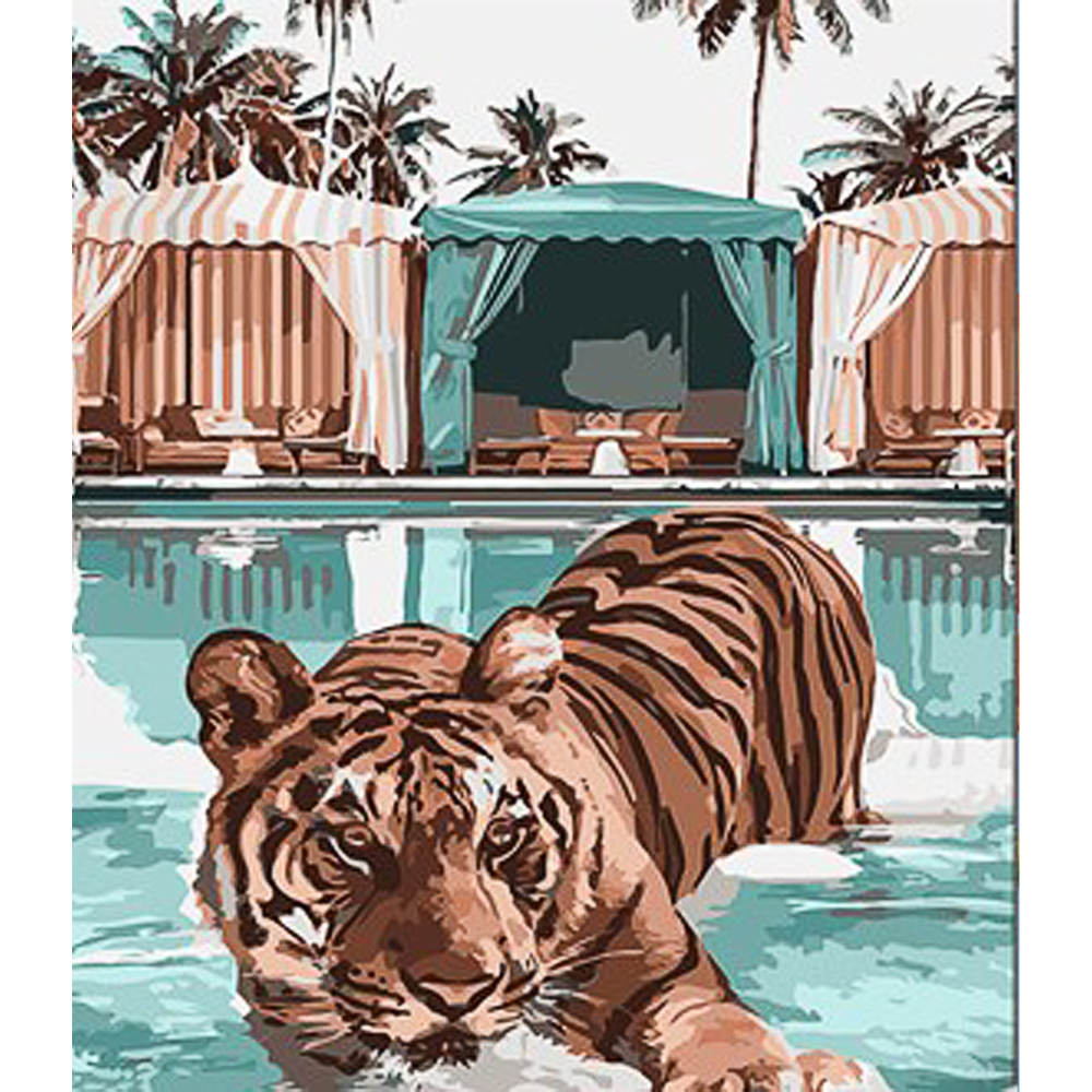Картина за номерами Strateg ПРЕМІУМ Брутальний тигр на відпочинку з лаком та з рівнем розміром 30х40 см (SS1008)