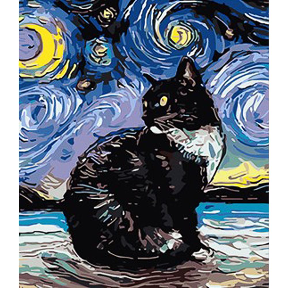 Malen nach Zahlen Strateg PREMIUM Schwarze Katze im Van-Gogh-Stil mit Lack und Wasserwaage 30x40 cm (SS1009)