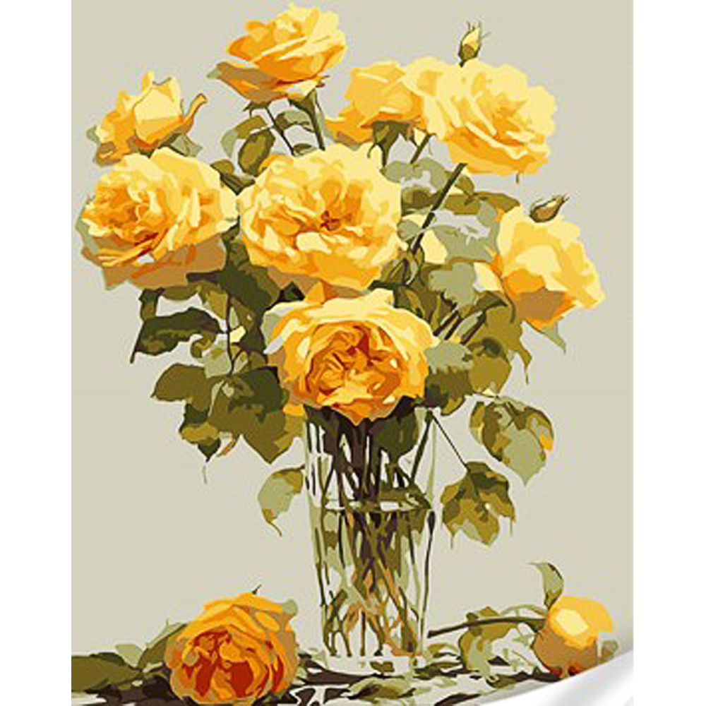 Картина за номерами Strateg ПРЕМІУМ Жовті троянди у вазі з лаком та з рівнем розміром 30х40 см (SS1011)