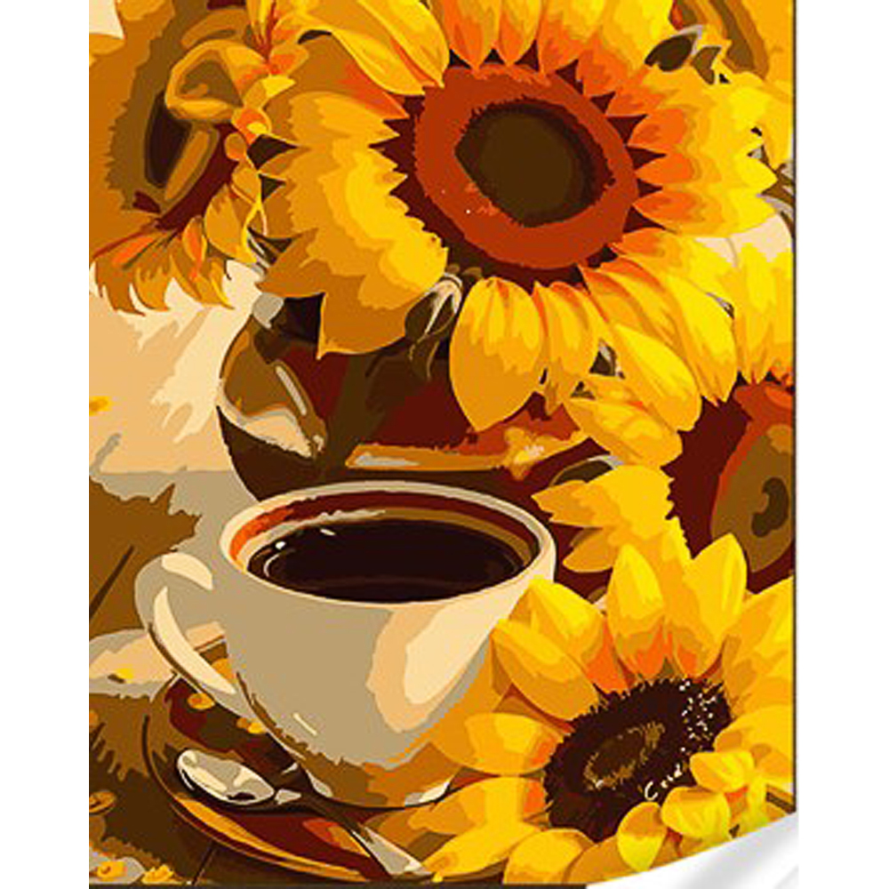 Malen nach Zahlen Strateg PREMIUM Kaffee zwischen Sonnenblumen mit Lack und Wasserwaage 30x40 cm (SS1013)