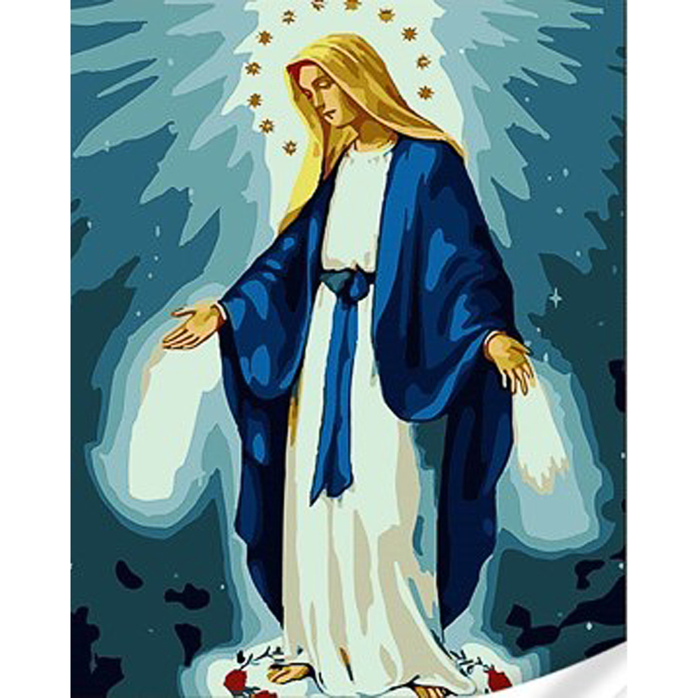 Картина за номерами Strateg ПРЕМІУМ Діва Марія з лаком та з рівнем розміром 30х40 см (SS1017)