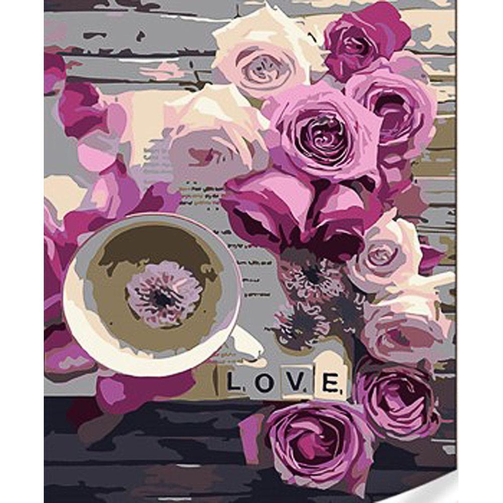Картина за номерами Strateg ПРЕМІУМ Кава з квітами для коханої з лаком та з рівнем розміром 30х40 см (SS1021)