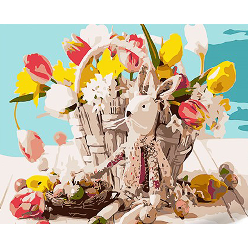 Paint by number Strateg PREMIUM Bunnies for Easter with varnish and level 30x40 cm (SS1022)