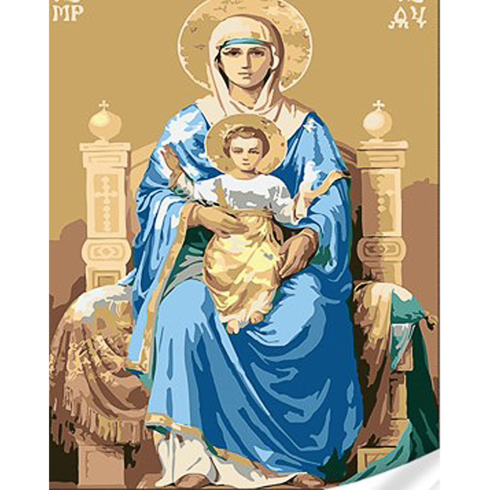 Картина по номерам Strateg ПРЕМИУМ Храмовая Богородица на троне с лаком и уровнем размером 30х40 см (SS1027)
