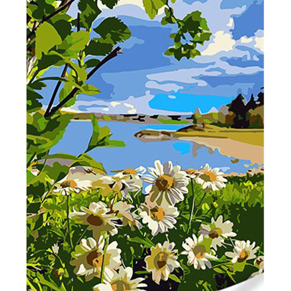 Картина за номерами Strateg ПРЕМІУМ Ромашки на березі озера з лаком та з рівнем розміром 30х40 см (SS1033)