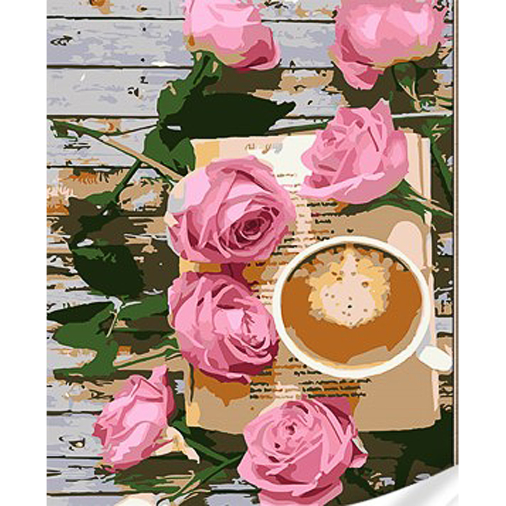 Картина за номерами Strateg ПРЕМІУМ Кава серед рожевих троянд з лаком та з рівнем розміром 30х40 см (SS1041)