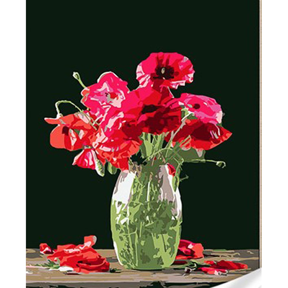 Картина за номерами Strateg ПРЕМІУМ Букет квітів маку у вазі з лаком та з рівнем розміром 30х40 см (SS1044)