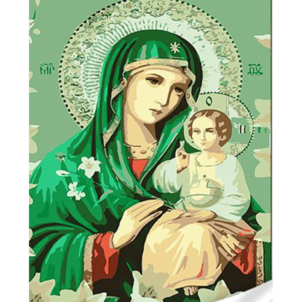 Картина за номерами Strateg ПРЕМІУМ Ікона Божої Матері Нев'янучий цвіт з лаком та з рівнем розміром 30х40 см (SS1050)