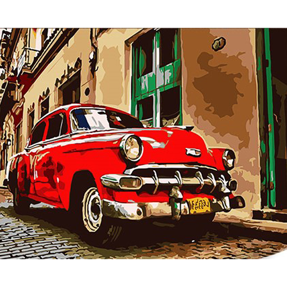 Paint by number Strateg PREMIUM Red retro car with varnish and level 30x40 cm (SS1063)