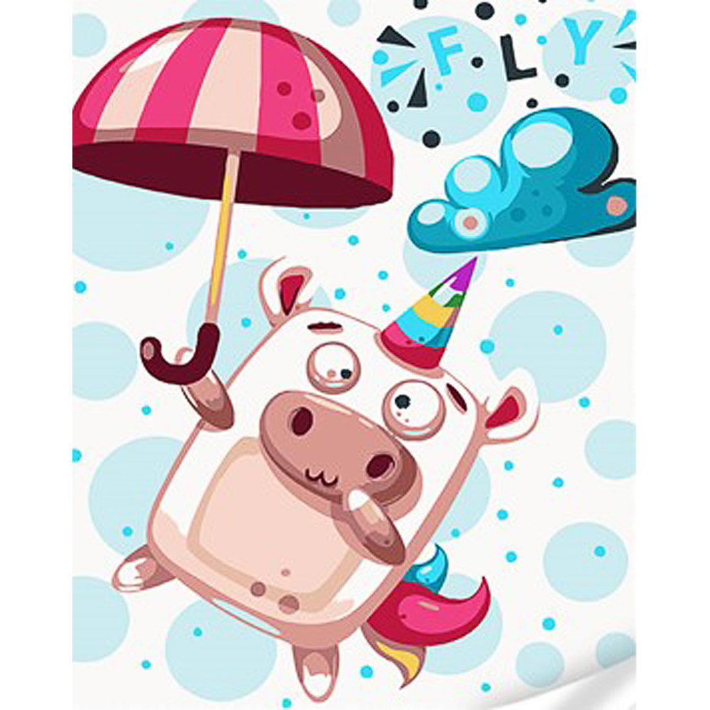 Картина за номерами Strateg ПРЕМІУМ Мила ілюстрація корови і парасольки з лаком та з рівнем розміром 30х40 см (SS1070)