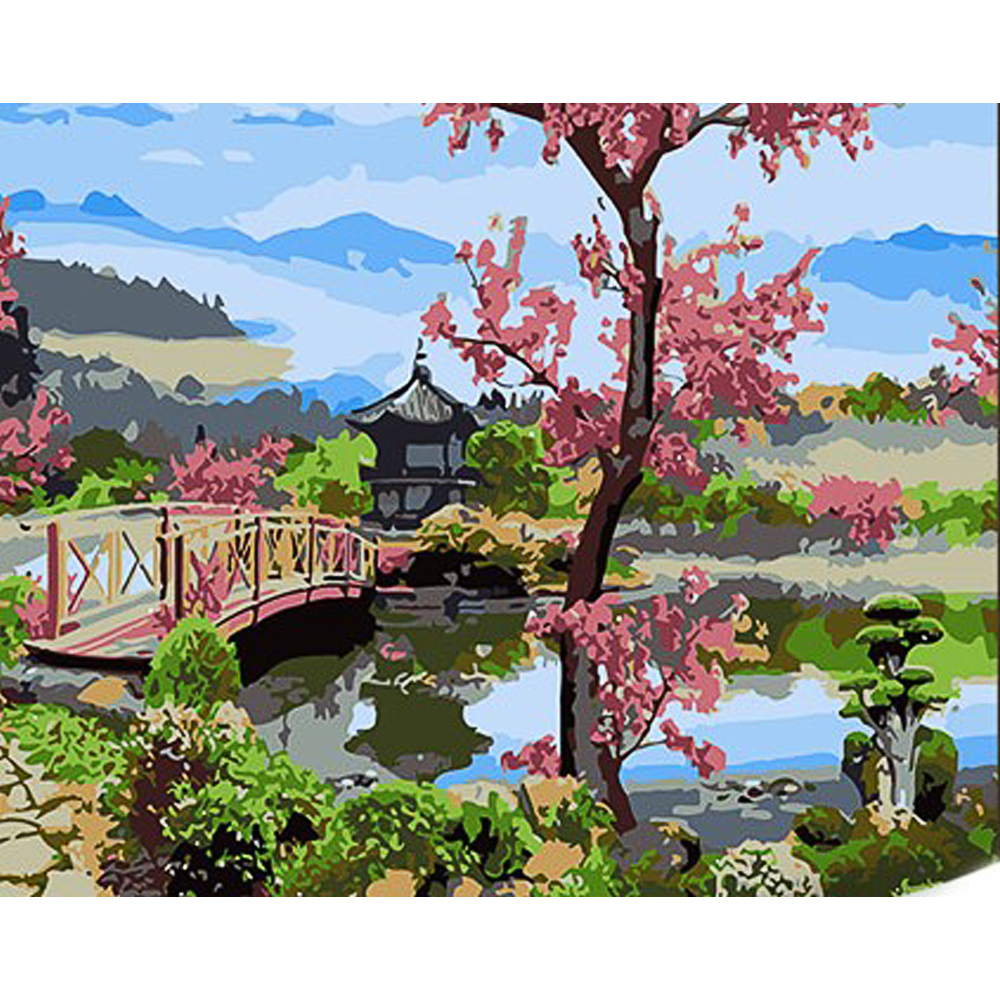Картина за номерами Strateg ПРЕМІУМ Японський сад з лаком та з рівнем розміром 30х40 см (SS1087)