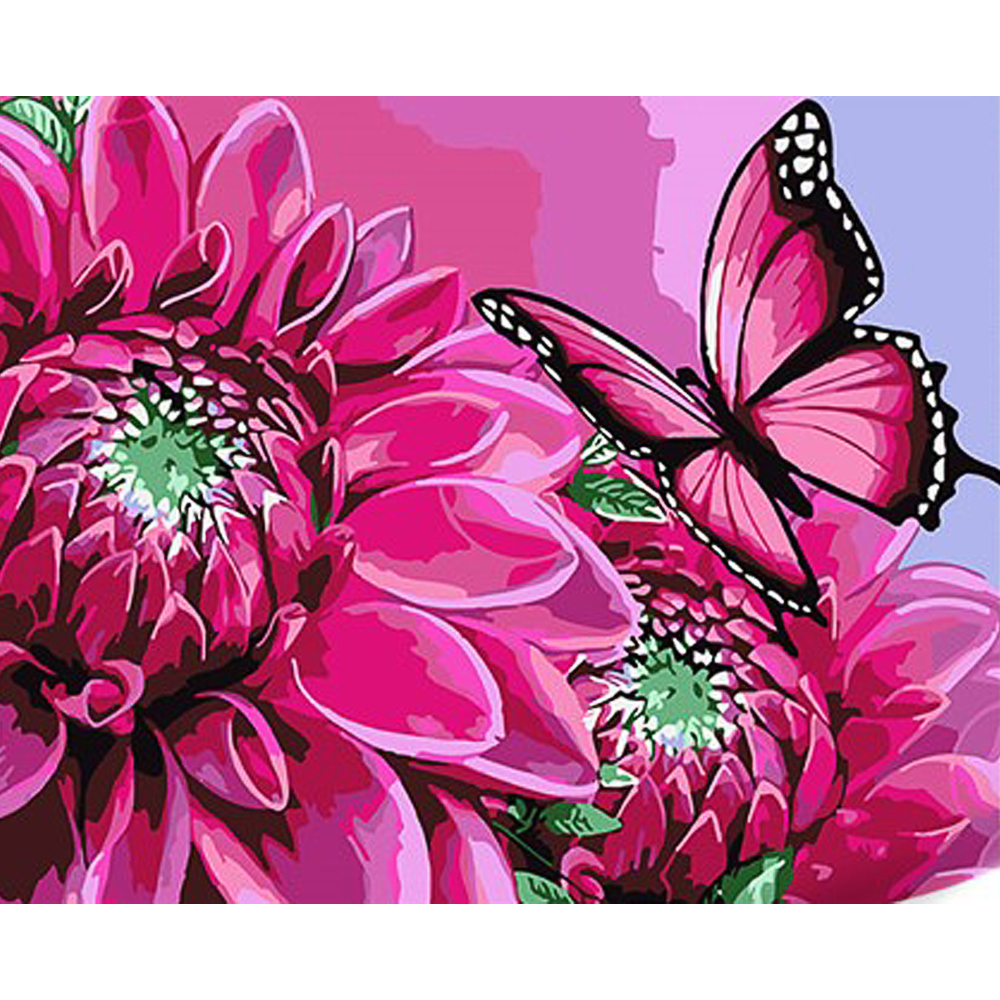 Malen nach Zahlen Strateg PREMIUM Schmetterling auf leuchtenden Blumen mit Lack und Wasserwaage 30x40 cm (SS1090)