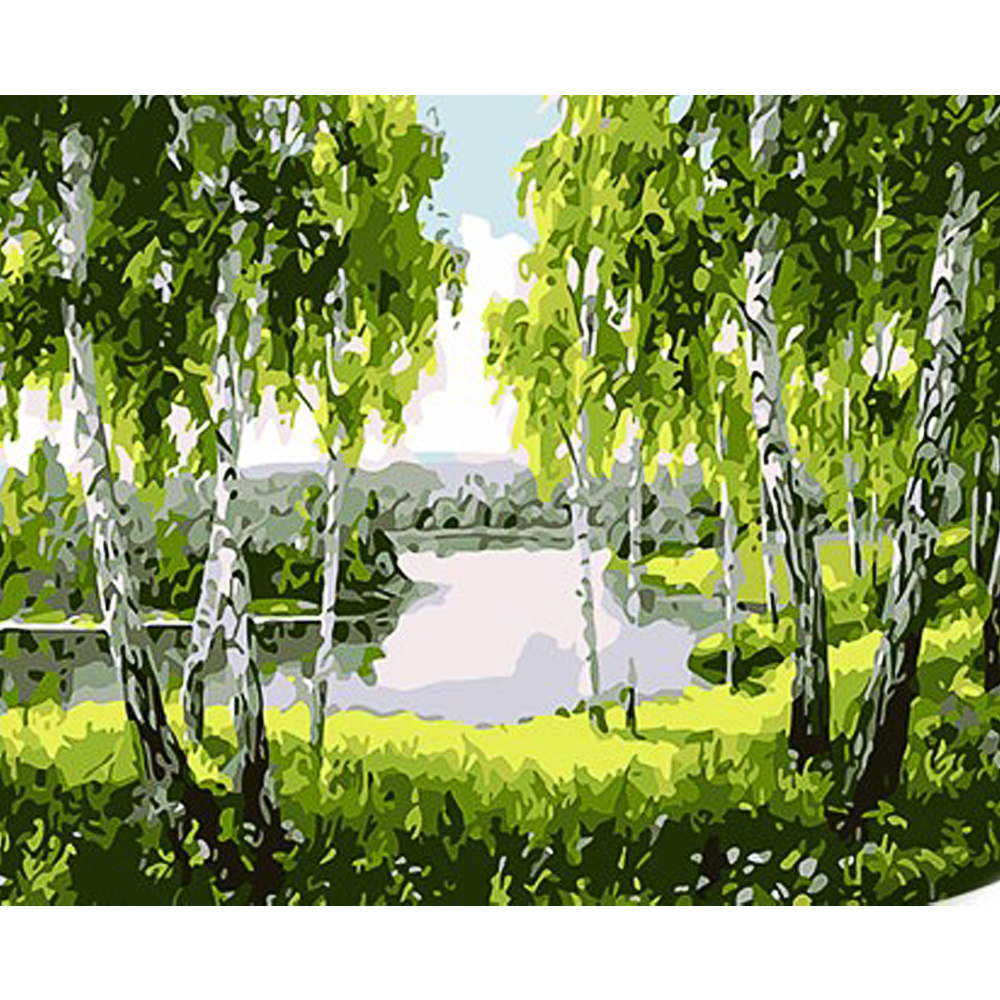 Картина за номерами Strateg ПРЕМІУМ Березовий рай з лаком та з рівнем розміром 30х40 см (SS1096)