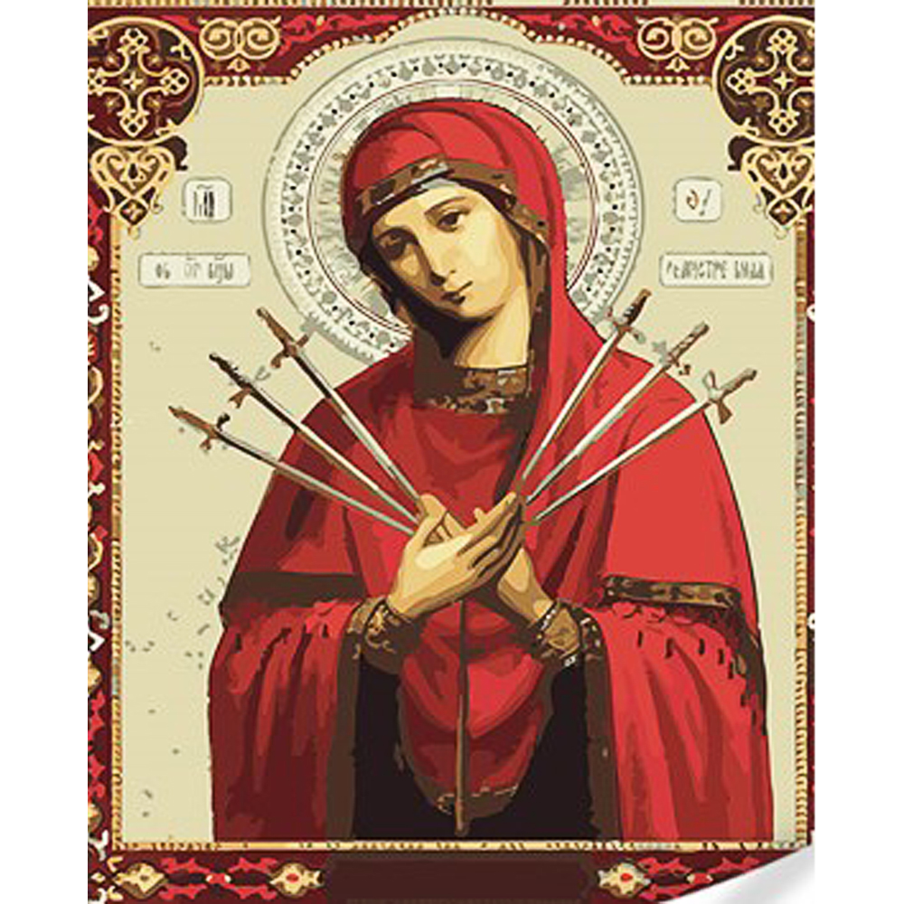 Картина за номерами Strateg ПРЕМІУМ Семистрільна ікона Божої Матері з лаком та з рівнем розміром 30х40 см (SS1097)
