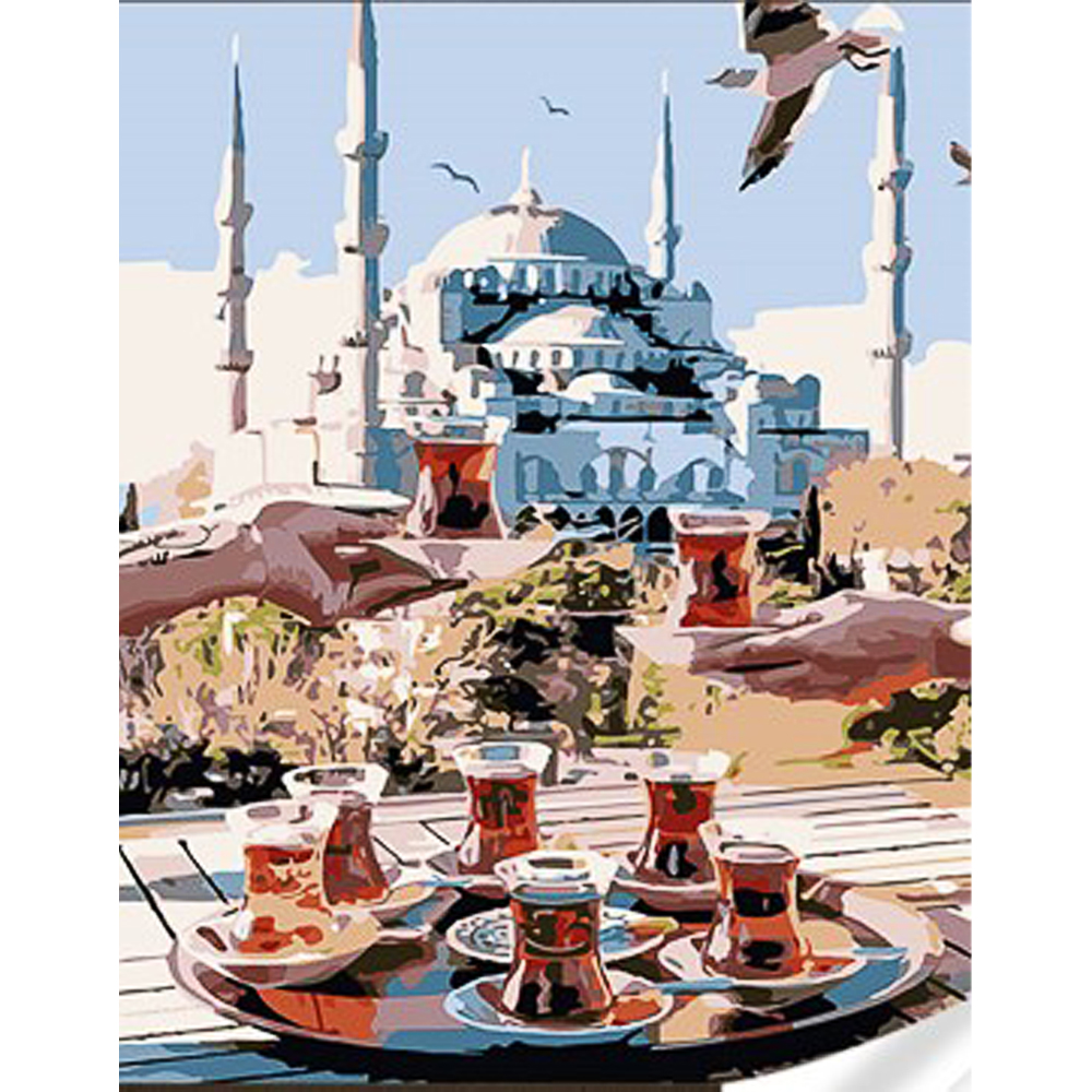 Картина за номерами Strateg ПРЕМІУМ Чай у Стамбулі з лаком та з рівнем розміром 30х40 см (SS1098)