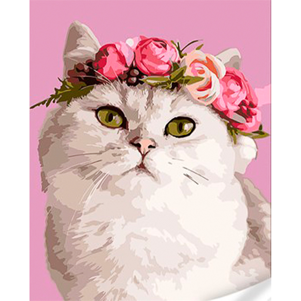Картина по номерам Strateg ПРЕМИУМ Кошка с венком из цветов с лаком и уровнем размером 30х40 см (SS1101)
