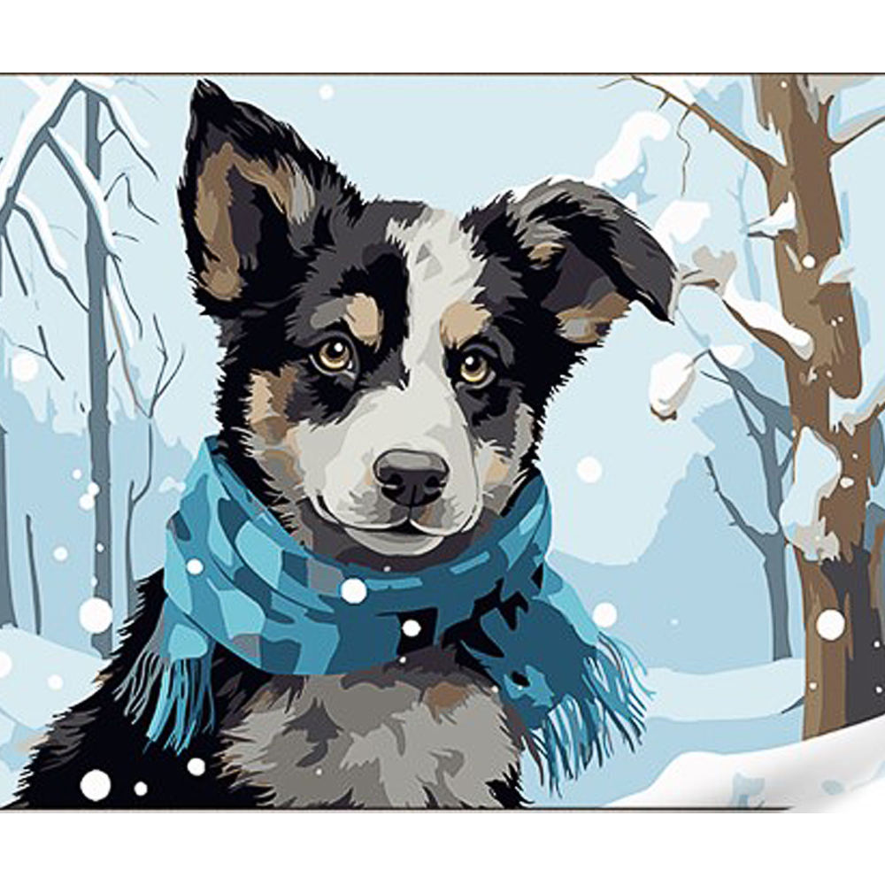 Картина по номерам Strateg ПРЕМИУМ Собака в шарфе с лаком и уровнем размером 30х40 см (SS1103)
