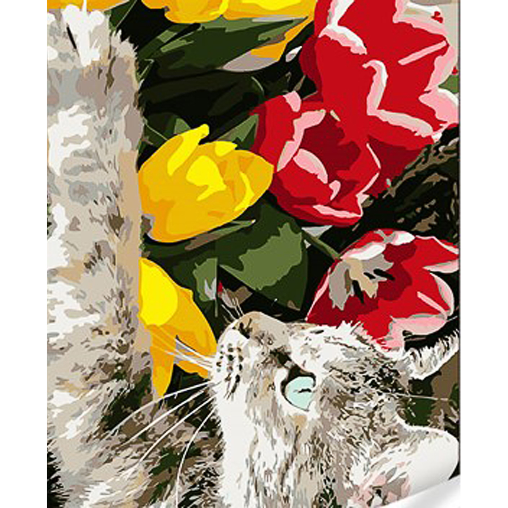 Картина за номерами Strateg ПРЕМІУМ Котик з тюльпанами з лаком та з рівнем розміром 30х40 см (SS1107)