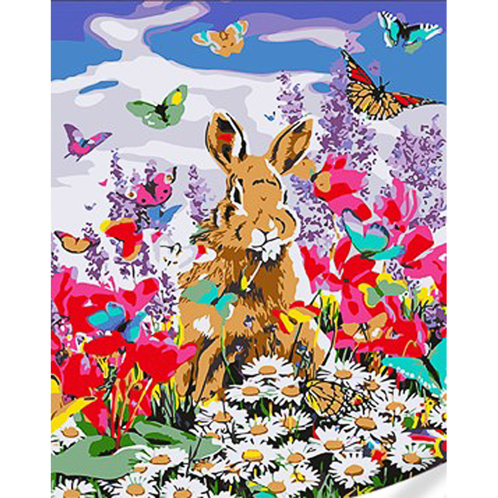 Malen nach Zahlen Strateg PREMIUM Kaninchen unter Blumen mit Lack und Wasserwaage, Größe 30x40 cm (SS1116)