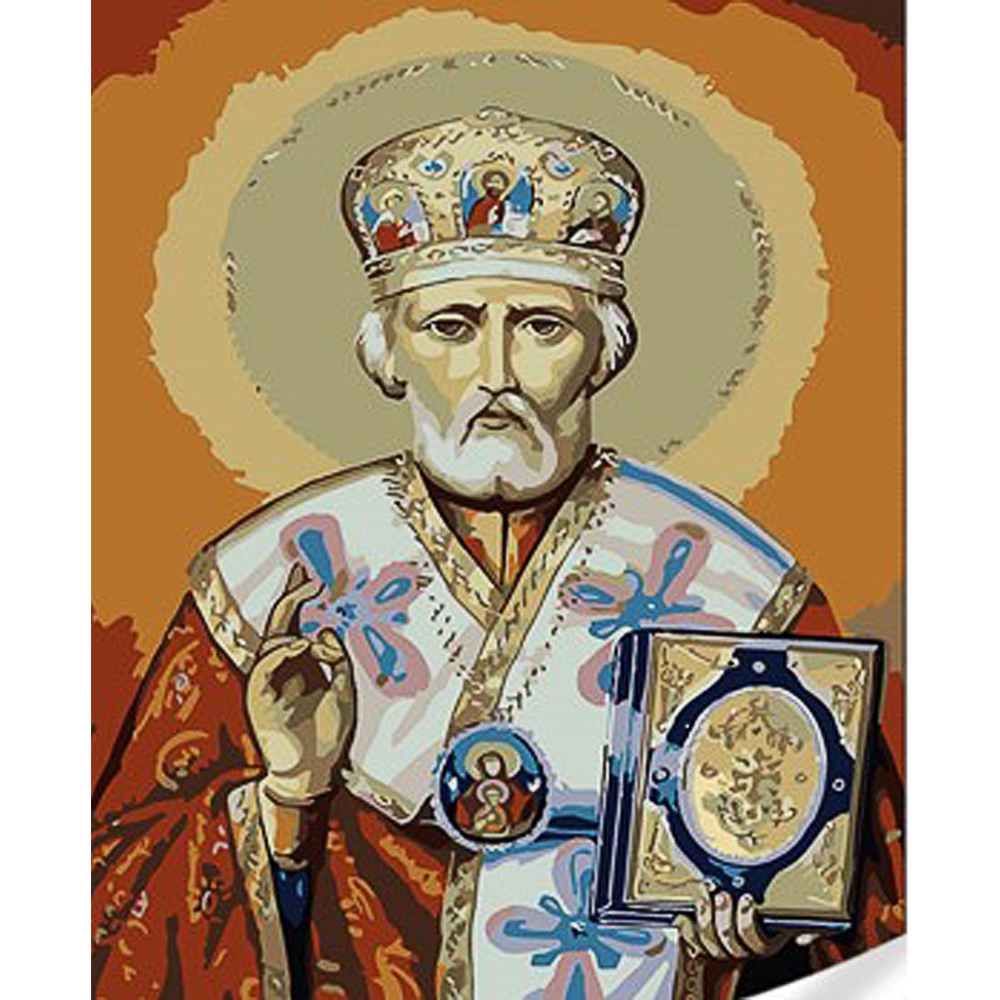 Картина за номерами Strateg ПРЕМІУМ Ікона Святого Миколая з лаком та з рівнем розміром 30х40 см (SS1119)