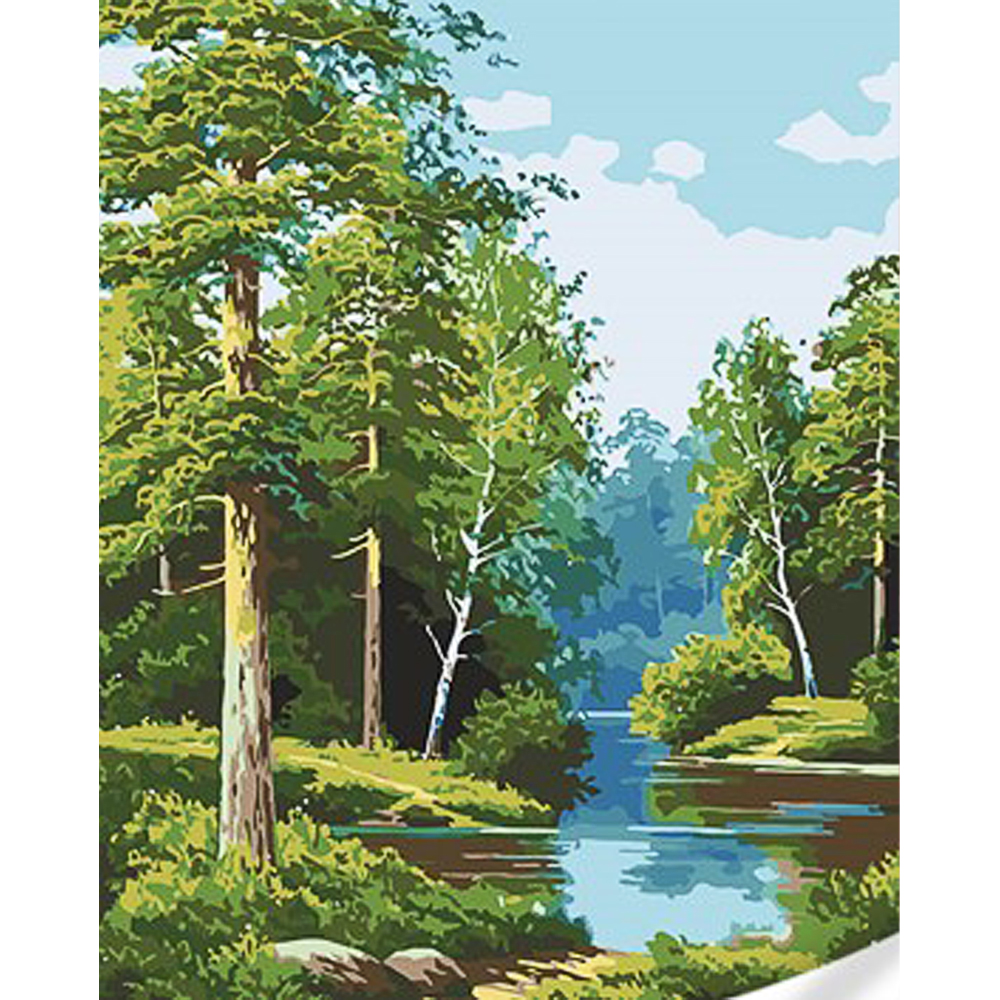 Картина за номерами Strateg ПРЕМІУМ Річка у лісі з лаком та з рівнем розміром 30х40 см (SS1121)