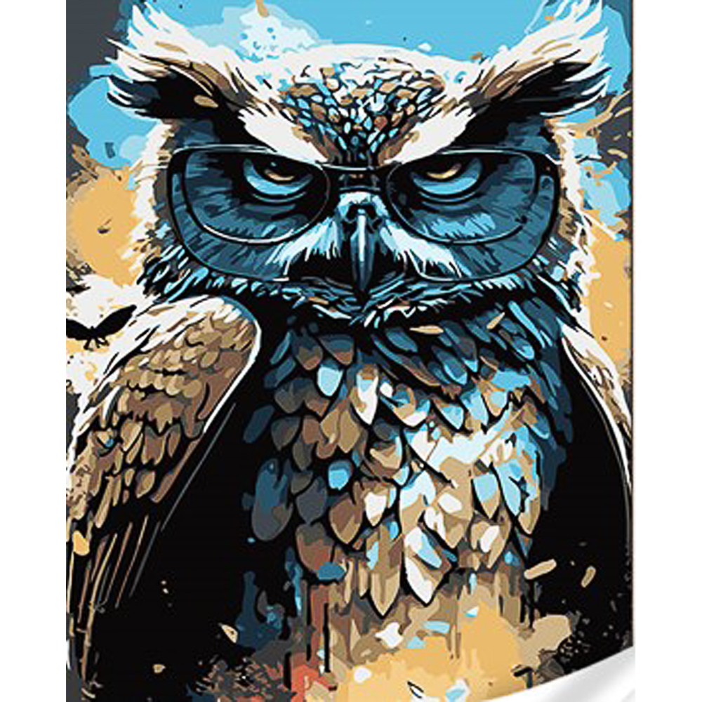 Paint by number Strateg PREMIUM Owl in glasses with varnish and level 30x40 cm (SS1125)