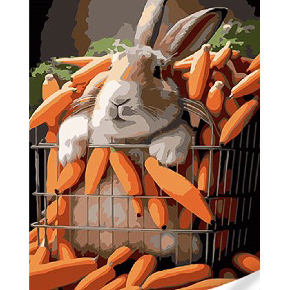Картина за номерами Strateg ПРЕМІУМ Кролик у моркві з лаком та з рівнем розміром 30х40 см (SS1129)