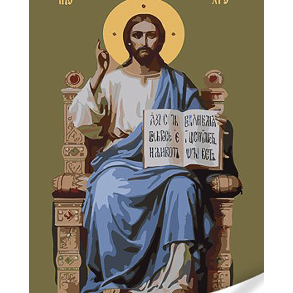 Картина за номерами Strateg ПРЕМІУМ Ікона Спаситель на троні з лаком та з рівнем розміром 30х40 см (SS1141)