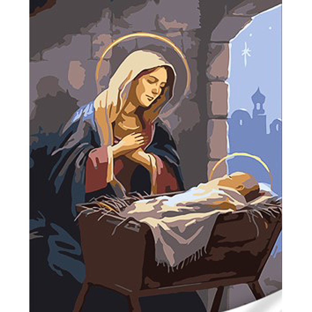 Картина по номерам Strateg ПРЕМИУМ Богородица над ребенком с лаком и уровнем размером 30х40 см (SS1142)
