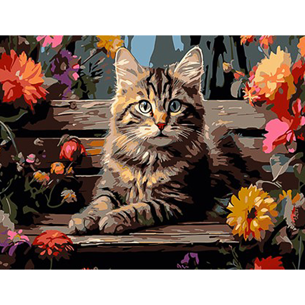 Картина за номерами Strateg ПРЕМІУМ Котик на лавочці з лаком та з рівнем розміром 30х40 см (SS1145)