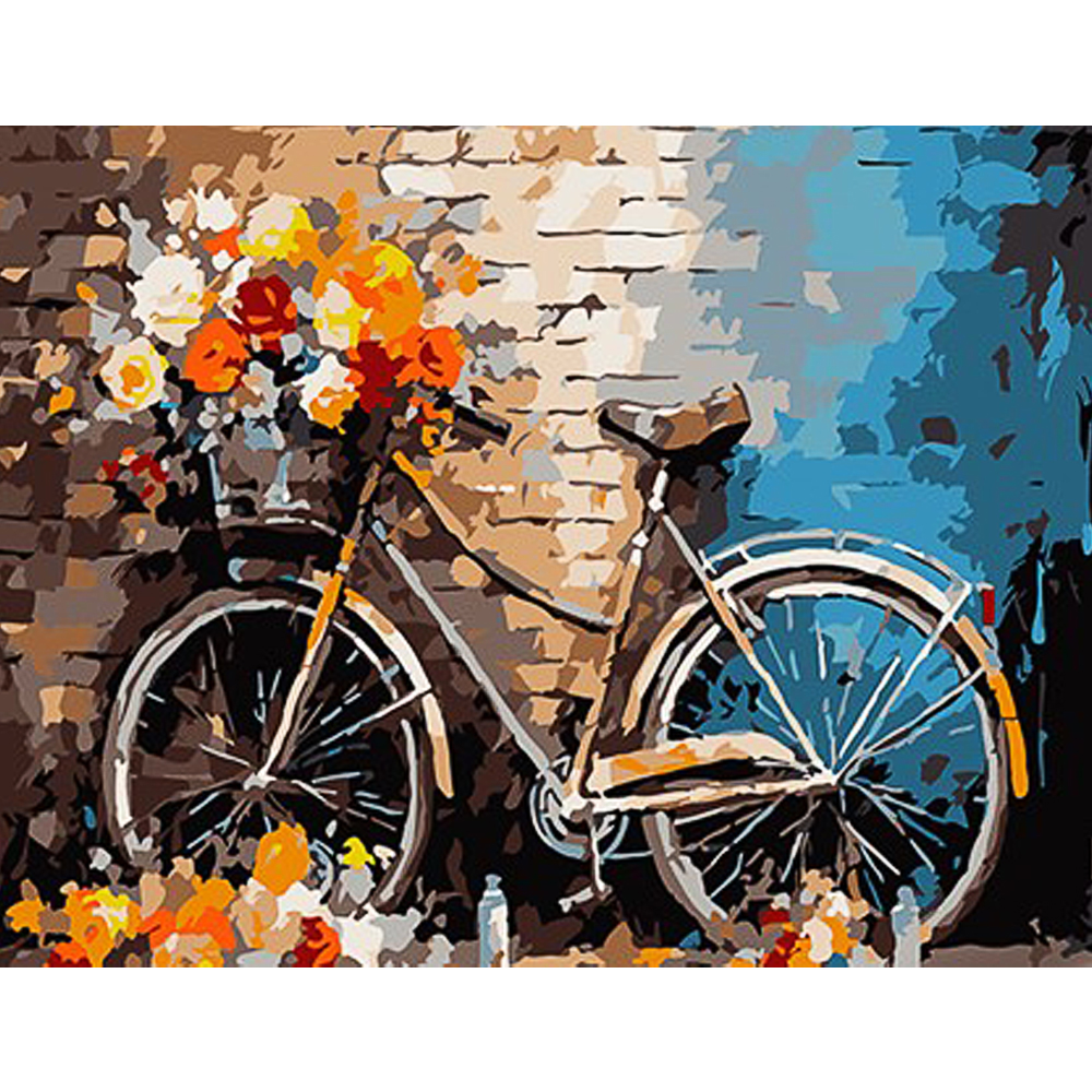 Картина за номерами Strateg ПРЕМІУМ Квітковий велосипед біля стіни з лаком та з рівнем розміром 30х40 см (SS1146)