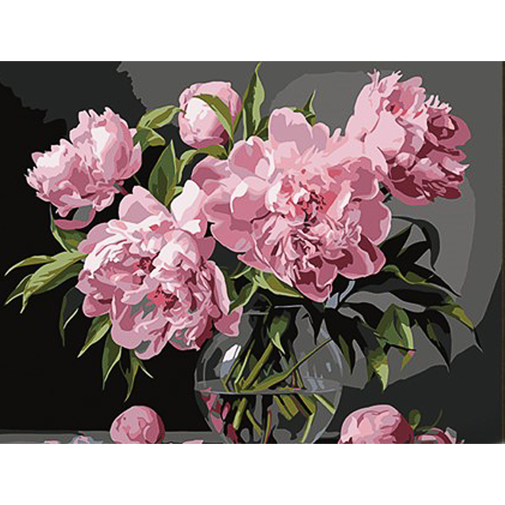 Paint by number Strateg PREMIUM Pink peonies in a lacquered glass vase with varnish and level 30x40 cm (SS1150)