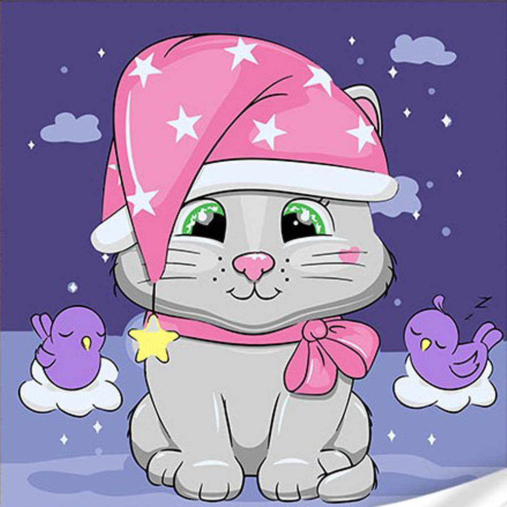 Картина за номерами Strateg ПРЕМІУМ Кіт у нічному капелюсі із зірками з лаком та з рівнем розміром 30х30 см (ES-0875)
