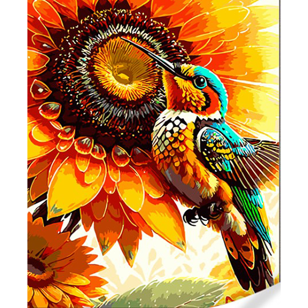 Malen nach Zahlen Strateg Kolibri in Sonnenblumen auf farbigem Hintergrund Größe 40x50 (GS1593)