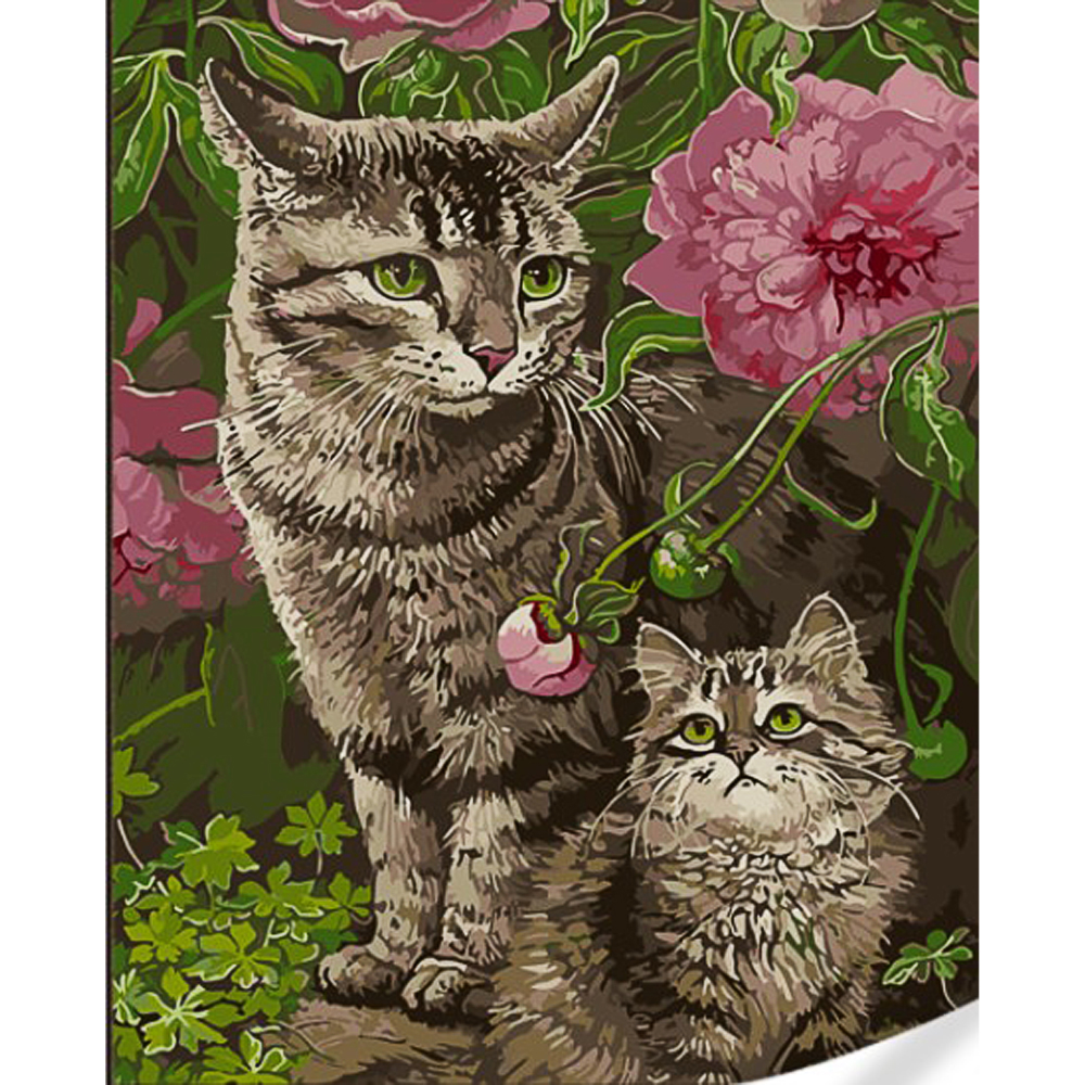 Malen nach Zahlen Strateg Katzen in Blumen auf farbigem Hintergrund Größe 40x50 (GS1596)