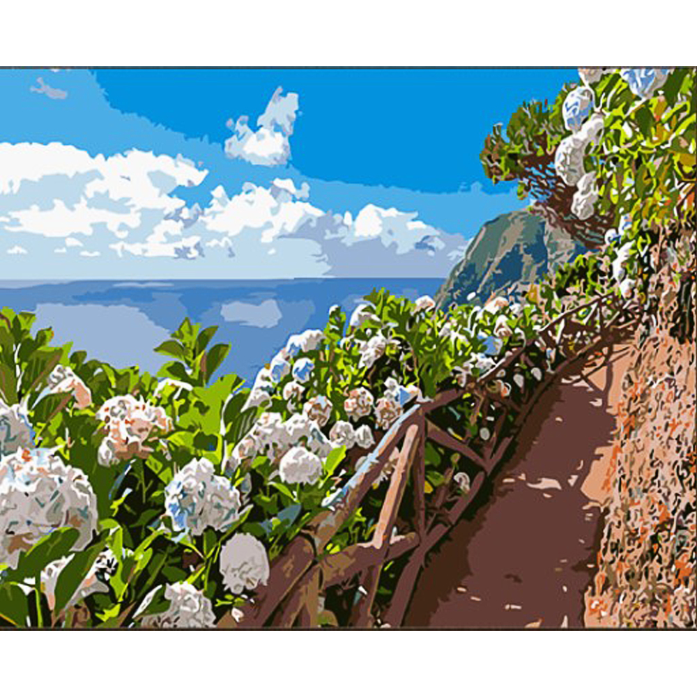 Картина за номерами Strateg Квіти біля стежки на кольоровому фоні розміром 40х50 (GS1608)