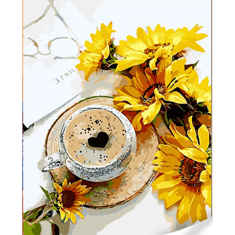 Malen nach Zahlen Strateg Kaffee mit Sonnenblumen auf farbigem Hintergrund Größe 40x50 (GS1615)