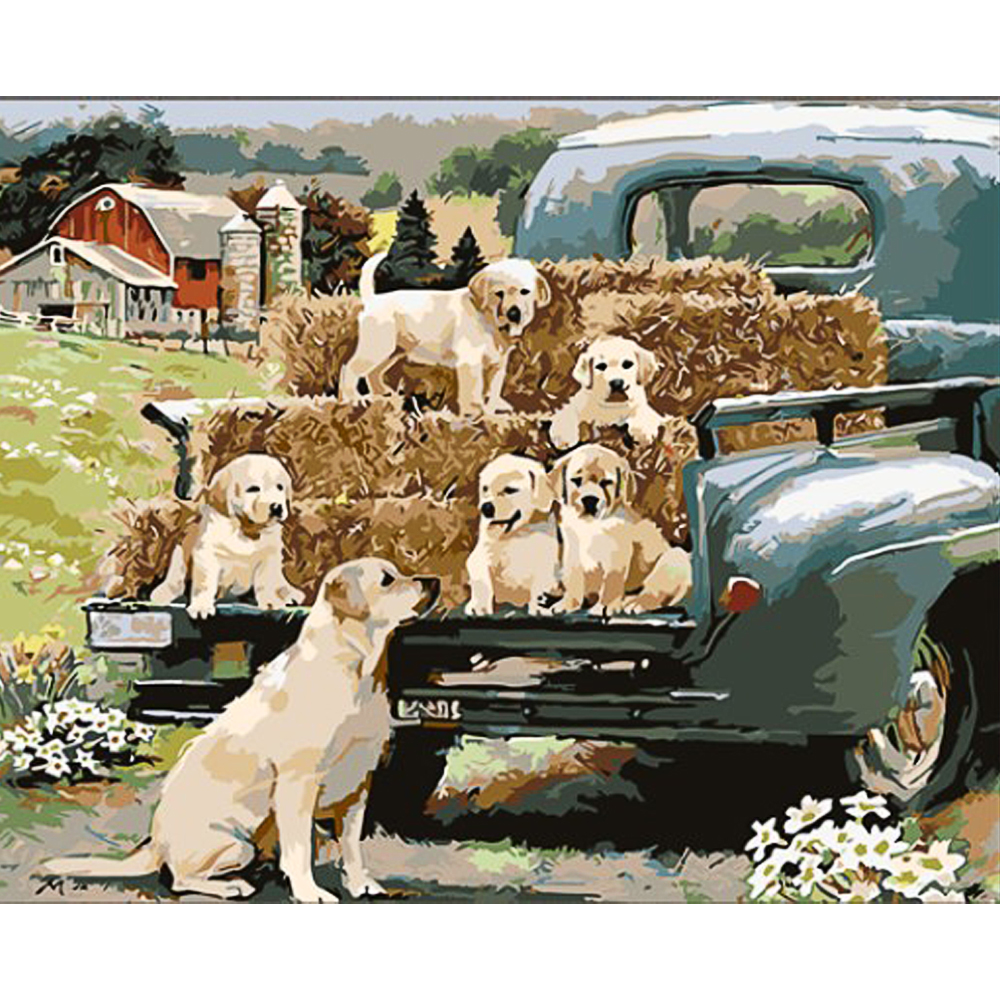 Malen nach Zahlen Strateg Hundefamilie auf einem Bauernhof auf farbigem Hintergrund Größe 40x50 (GS1620)