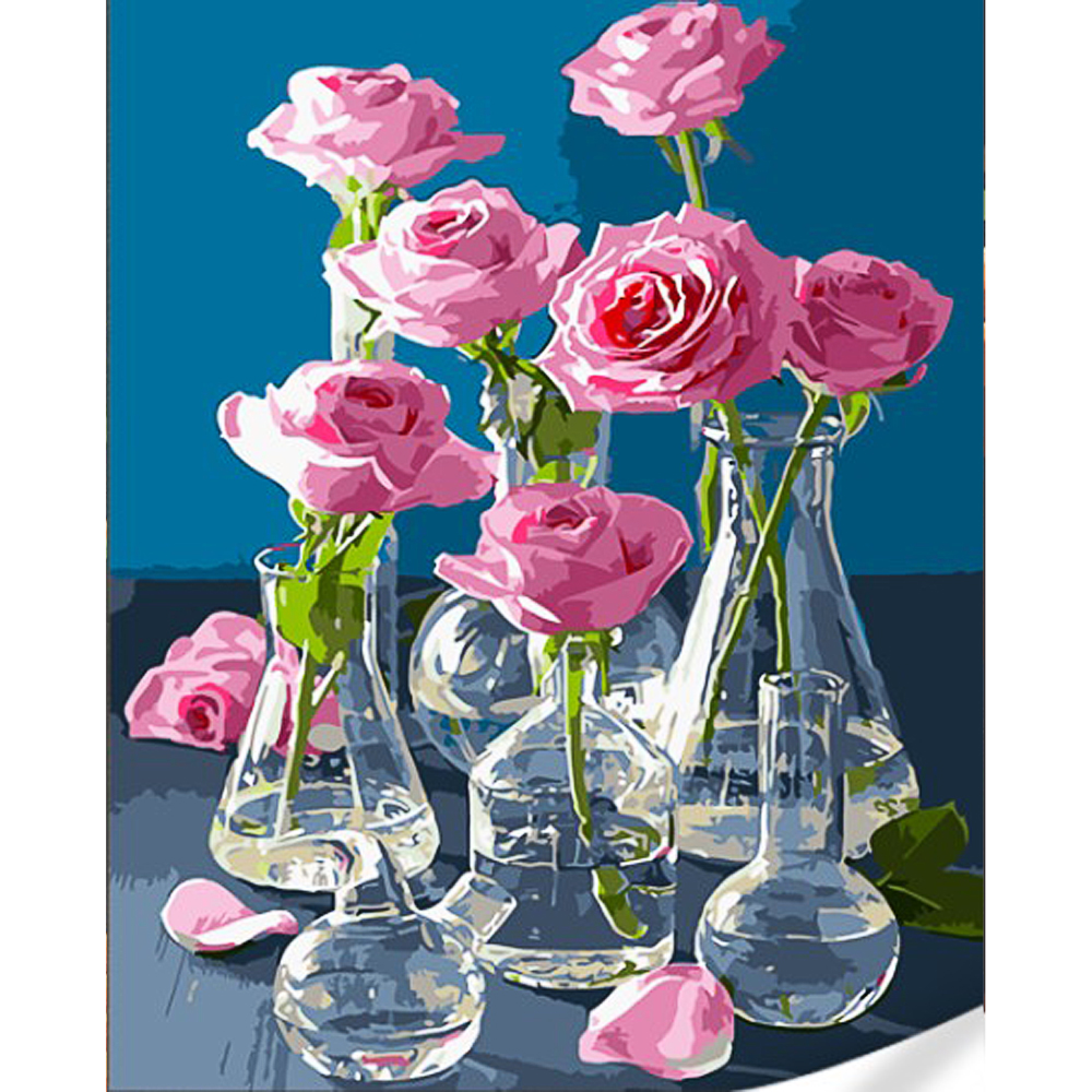Картина за номерами Strateg Троянди у скляних вазах на кольоровому фоні розміром 40х50 (GS1629)