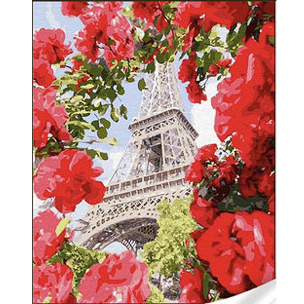 Алмазна мозаїка Strateg ПРЕМІУМ Ейфелева вежа серед троянд розміром 30х40 см (GM86102)
