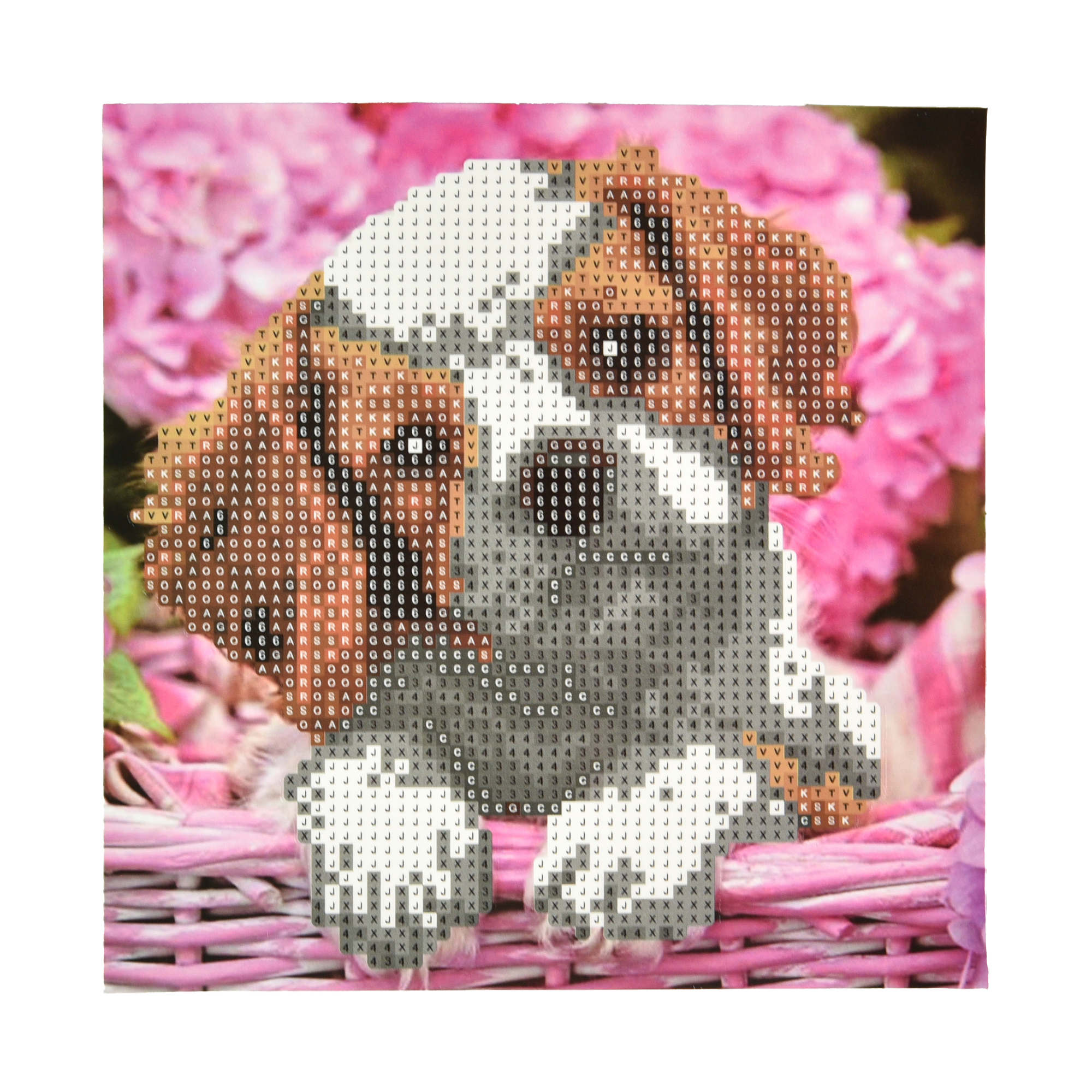Diamond mosaic Strateg PREMIUM Puppy in hydrangea on a paper base, 18x18 cm (JUB20598)