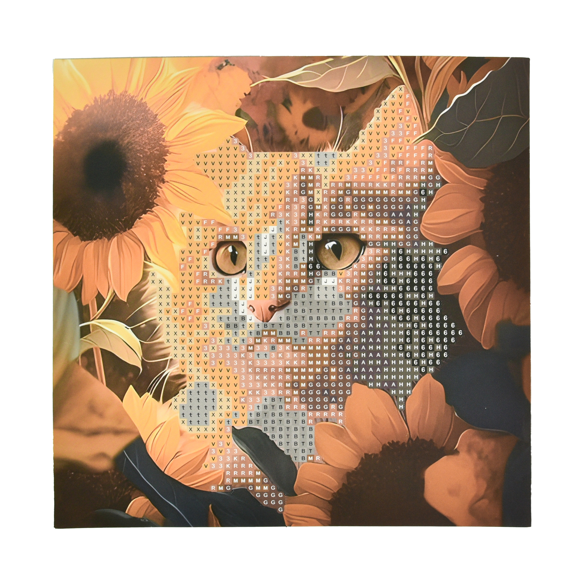 Алмазна мозаїка Strateg ПРЕМІУМ Кіт у соняшниках на паперовій основі розміром 18х18 см (JUB14399)