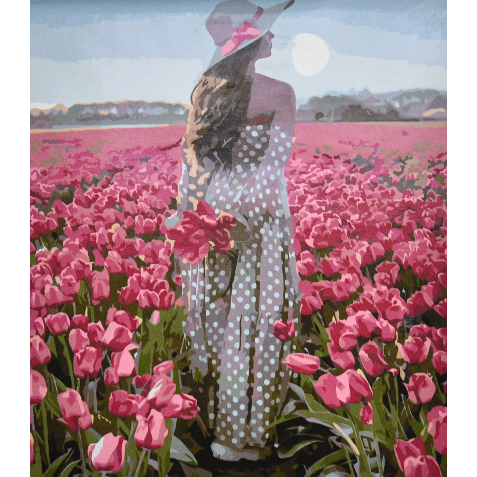 Картина за номерами Strateg ПРЕМІУМ Дівчина серед поля з тюльпанами з лаком та з рівнем розміром 30х40 см (SS6496)