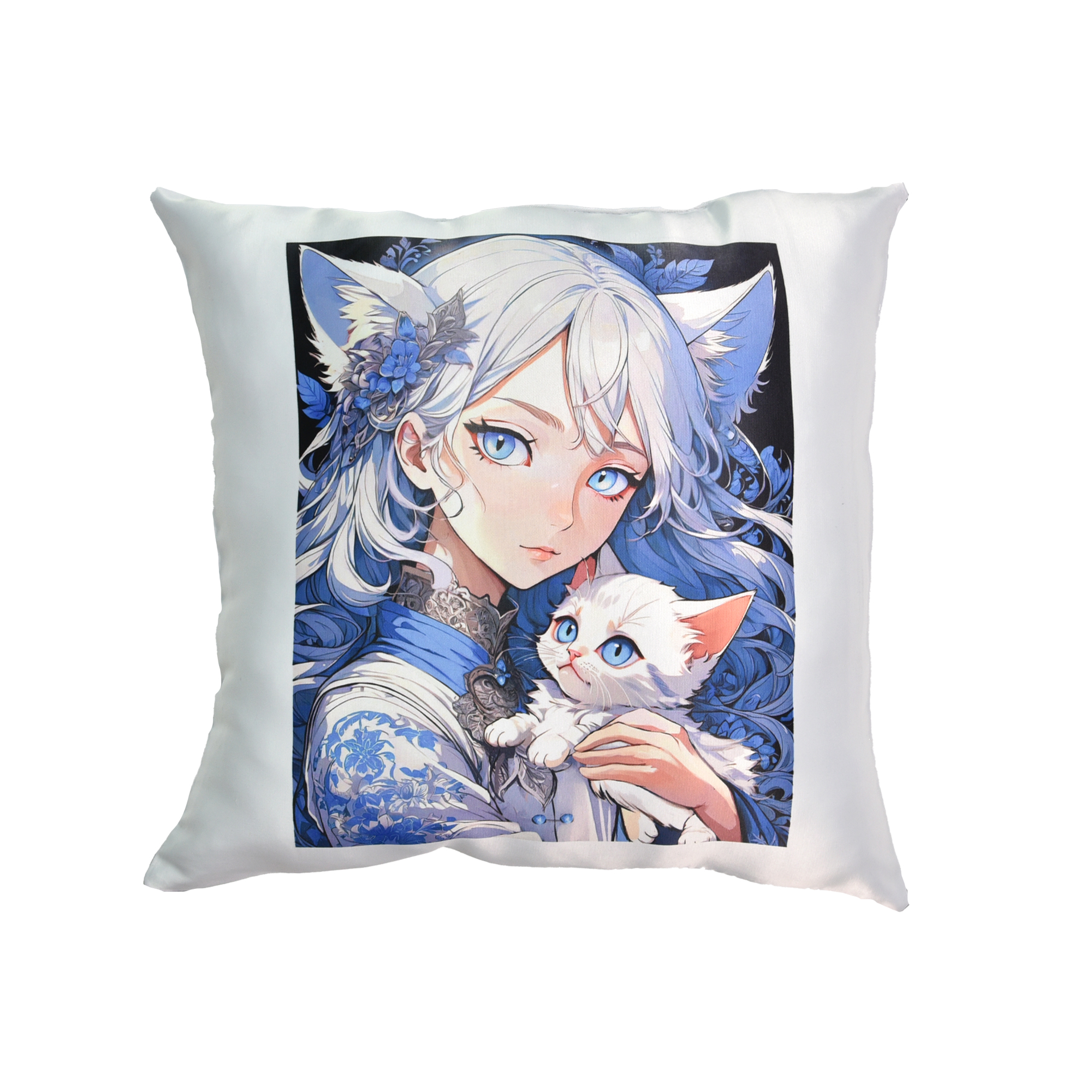 Kissen „Anime-Mädchen mit Kätzchen“ Größe 35*35 cm (rosa) mit Sublimationsapplikation (60654)
