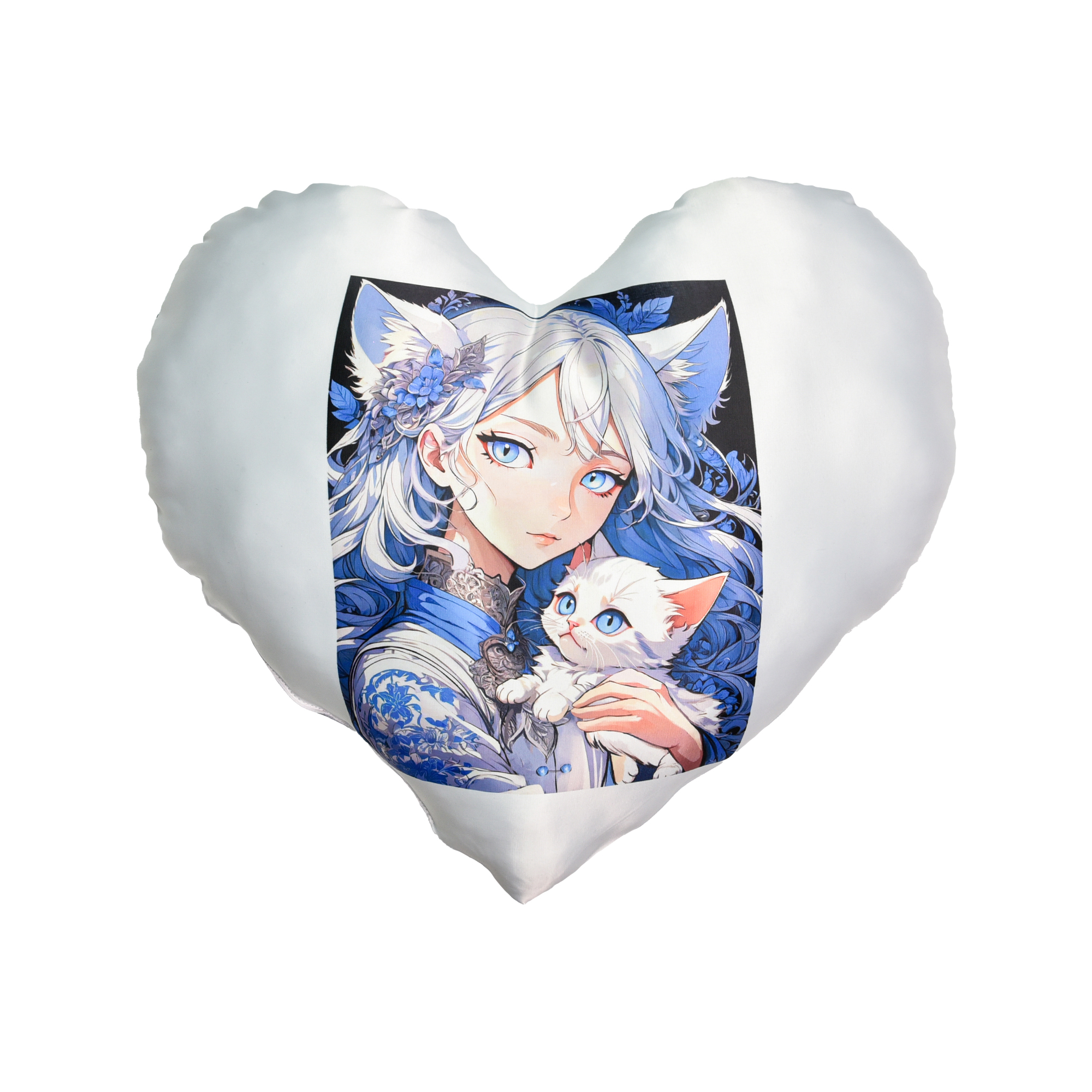 Anime Girl mit Kätzchen Herzkissen (Schwarz) mit Sublimation (60695)