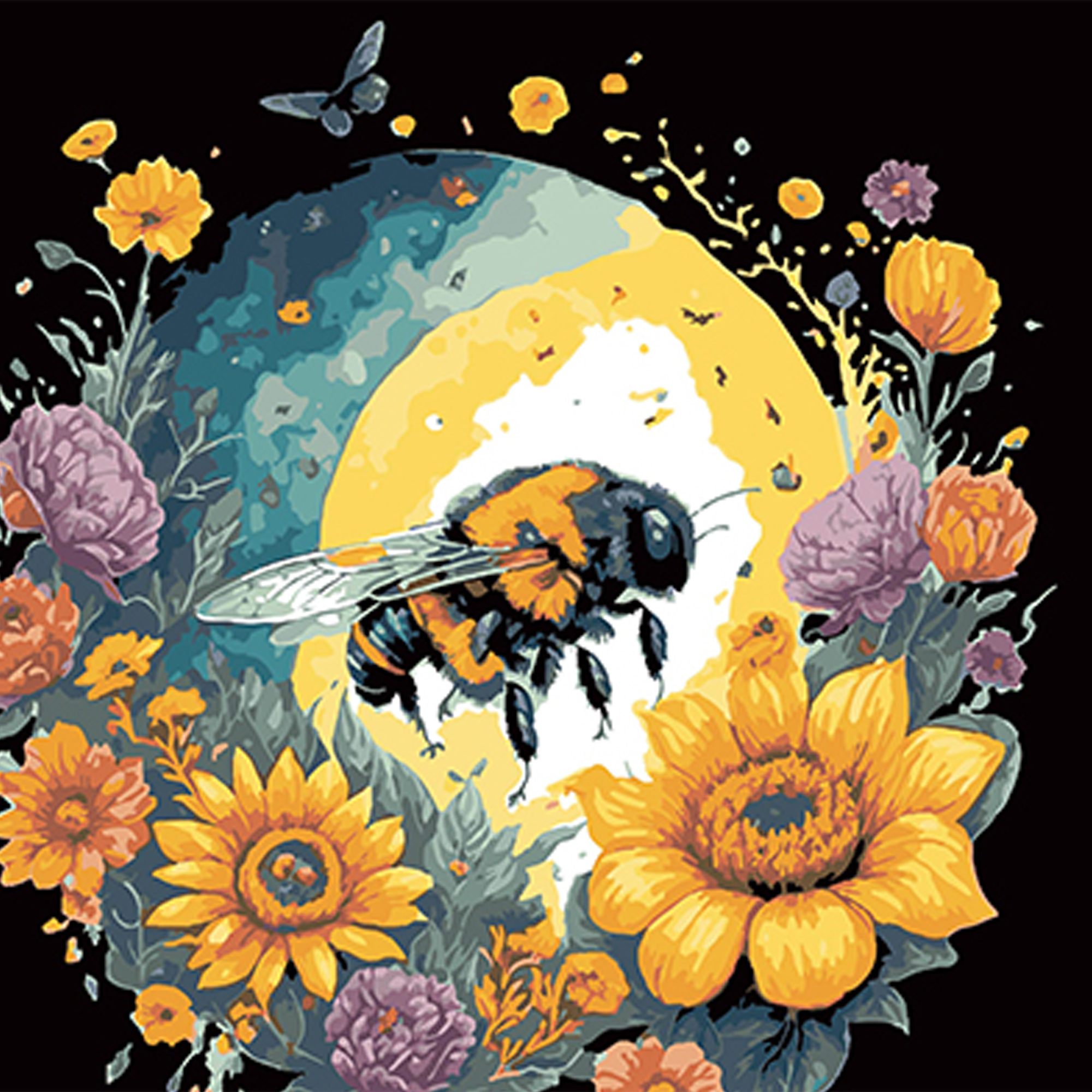 Malen nach Zahlen Strateg PREMIUM Bienen- und Blumenschönheit auf schwarzem Hintergrund, Größe 40x40 cm (AV4040-33)