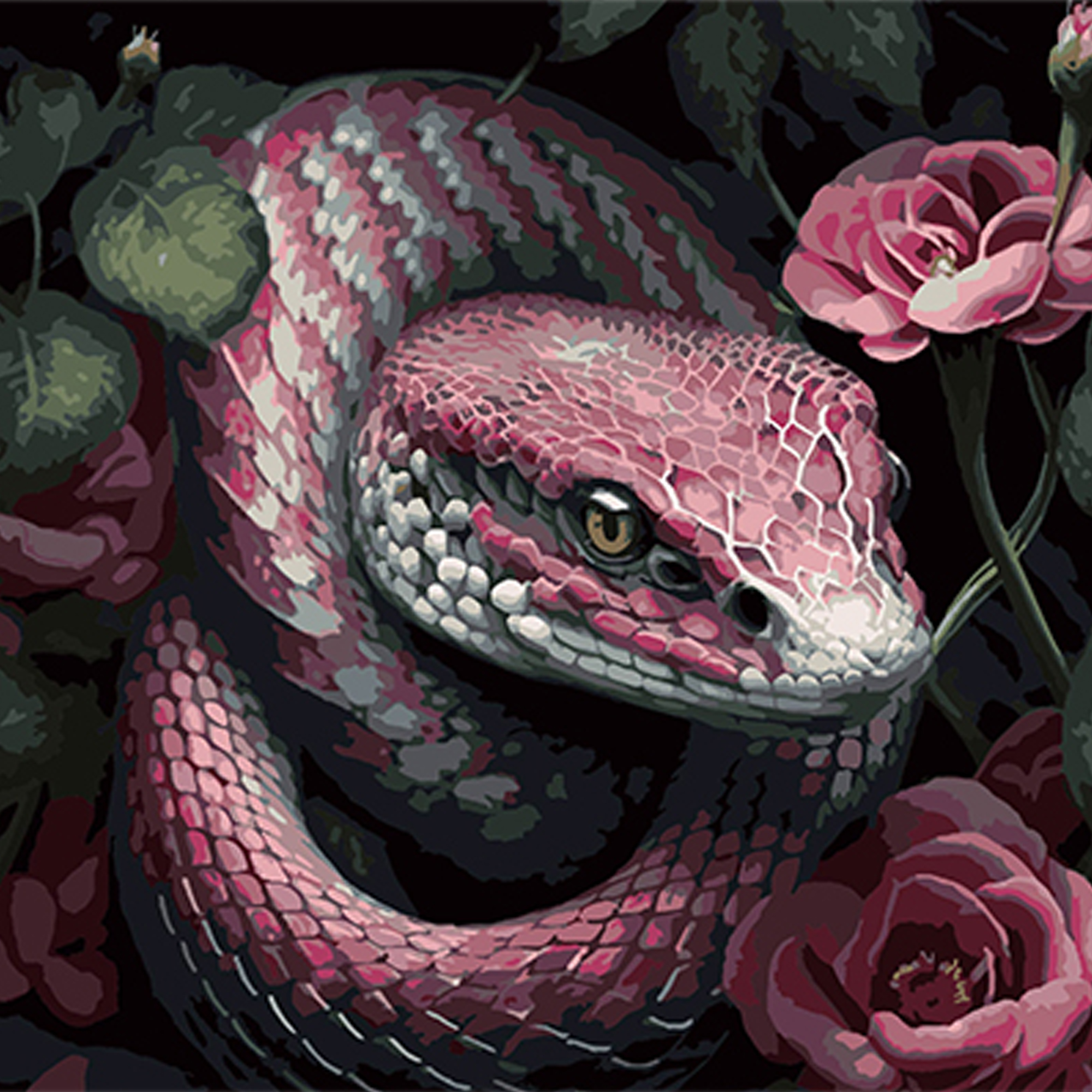 Paint by number Strateg PREMIUM Exotic snake in a floral atmosphere on a black background size 40x40 cm (AV4040-48)