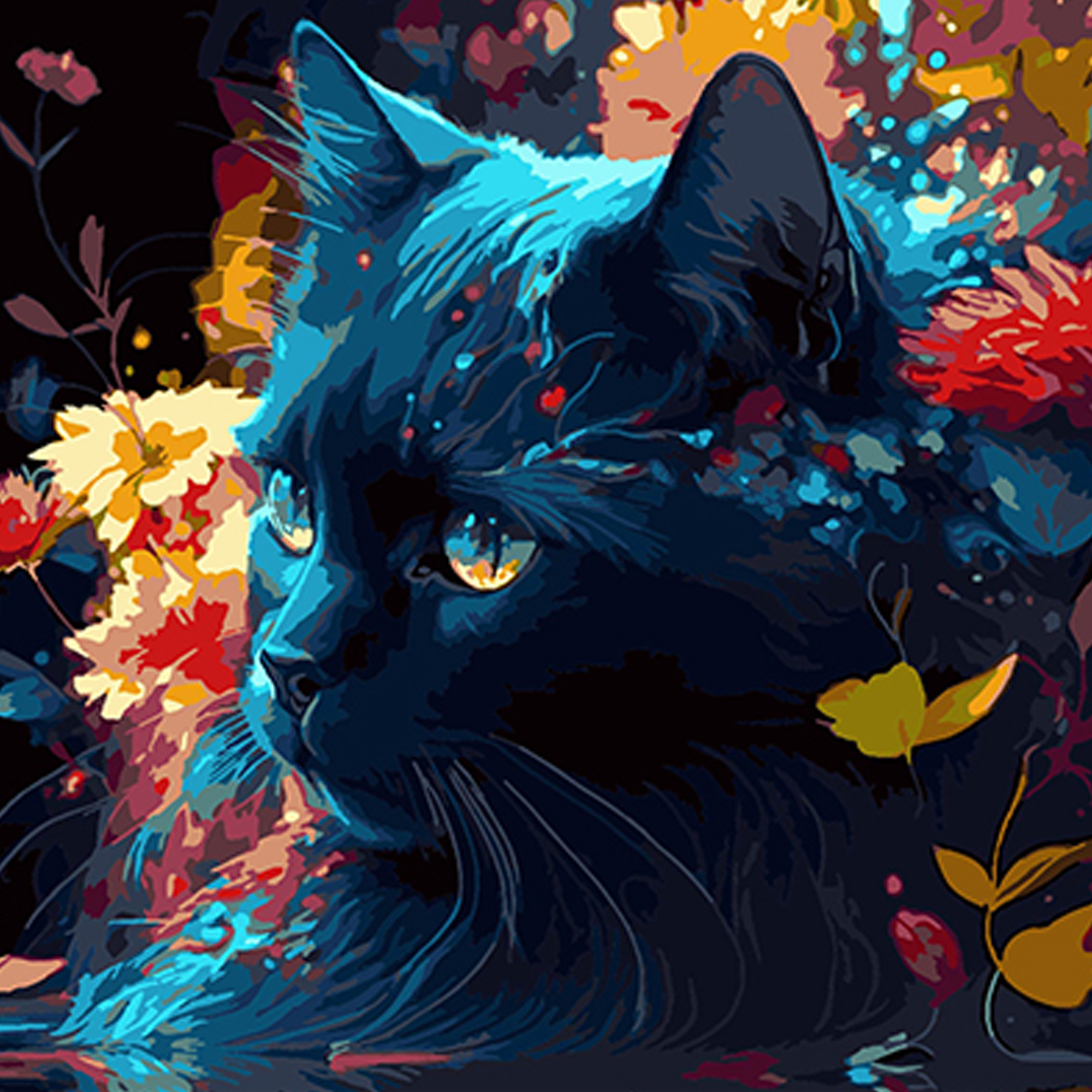 Paint by number Strateg PREMIUM Black cat and floral motif on a black background size 40x40 cm (AV4040-49)