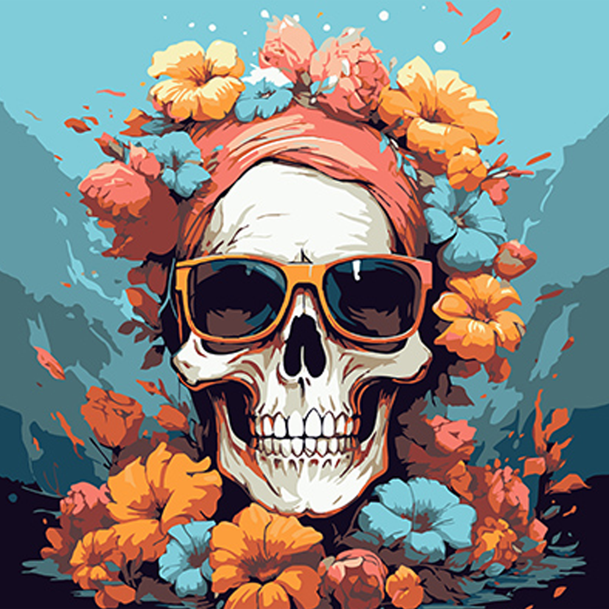 Paint by number Strateg PREMIUM Skull in stylish glasses among flowers on a black background size 40x40 cm (AV4040-55)