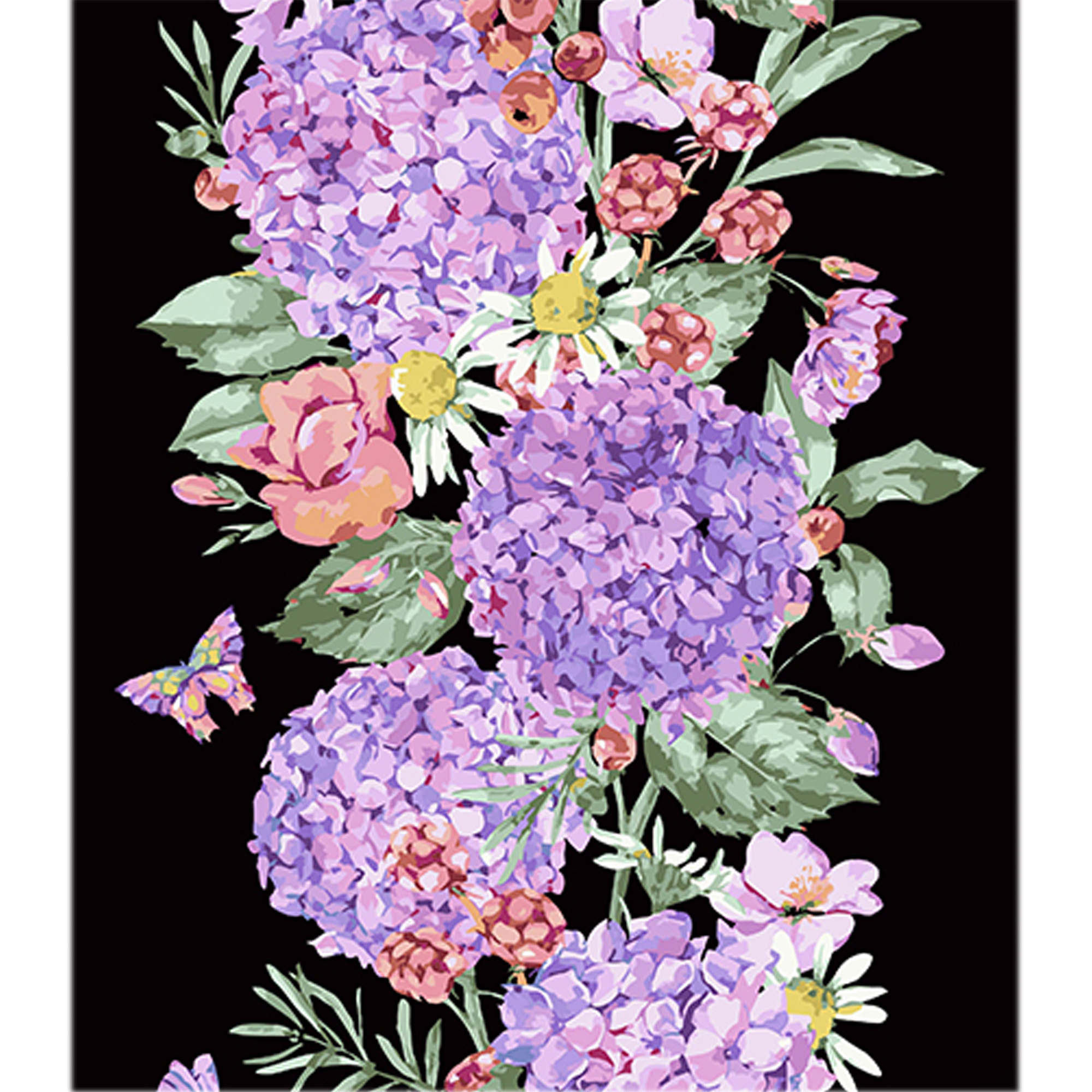 Paint by number Strateg Watercolor bouquet with hydrangea and berries on a black background, size 40x50 cm (AH1096)